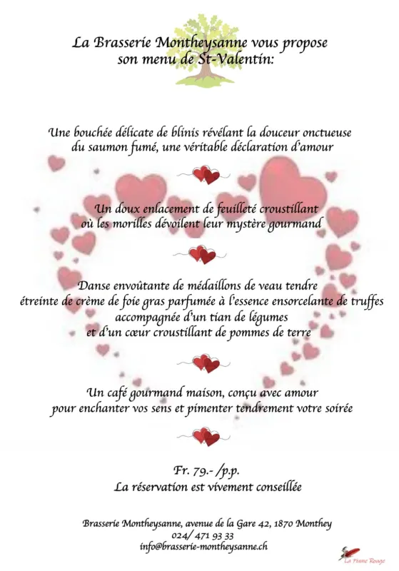Menu Danse envoûtante de médaillons de veau tendre étreinte de crème de foie gras parfumée à l'essence ensorcelante de truffes, accompagnée d'un tian de légumes et d'un coeur croustillant de pommes de terre : Brasserie Montheysanne