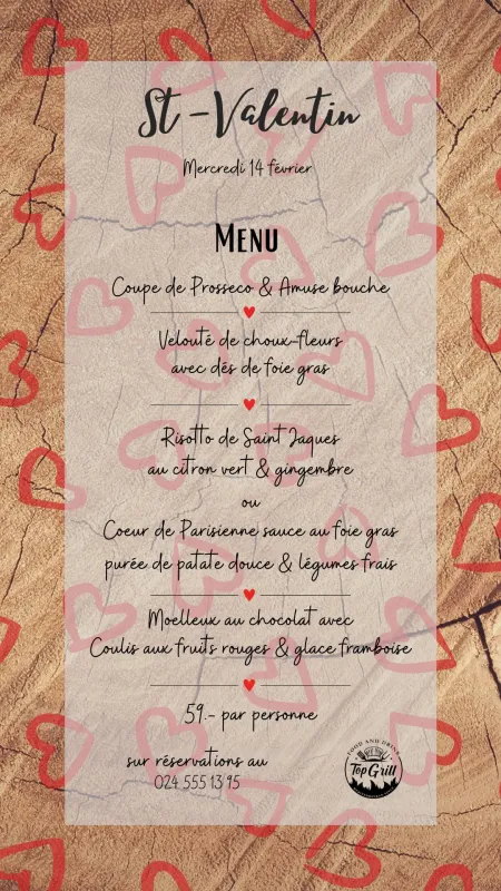 Menu Risotto de Saint Jacques au citron vert & gingembre ou Coeur de Parisienne sauce au foie gras, purée de patate douce & légumes frais : Top Grill