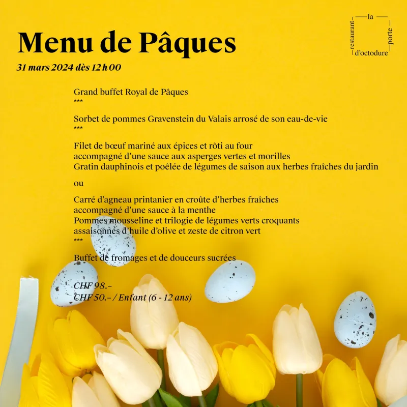 Menu Filet de boeuf mariné aux épices et rôti au four, sauce aux asperges vertes et morilles, gratin dauphinois et poêlée de légumes de saison aux herbes fraîches du jardin : La Porte d'Octodure