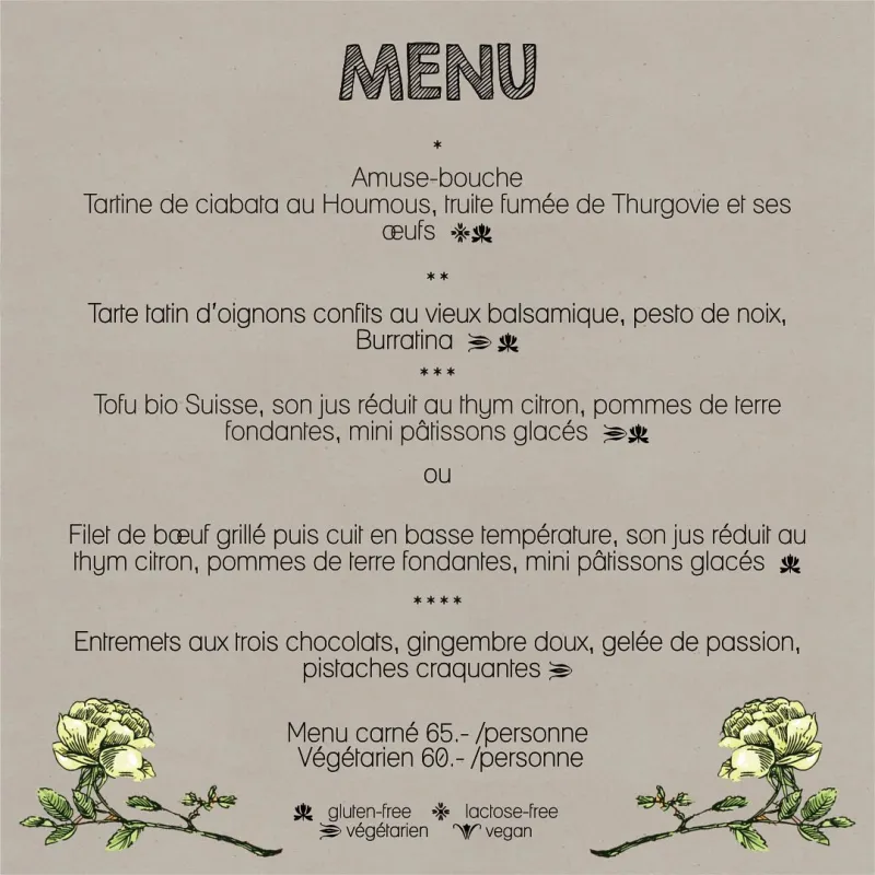 Menu Filet de bœuf grillé puis cuit en basse température, son jus réduit au thym citron, pommes de terre fondantes, mini pâtissons glacés : Le Botanik