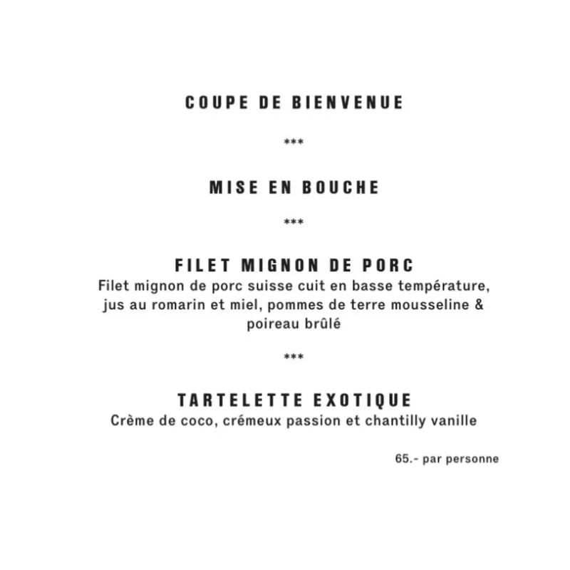 Menu Filet mignon de porc, jus au romarin et miel, pommes de terre mousseline et poireau brûlé : Café littéraire