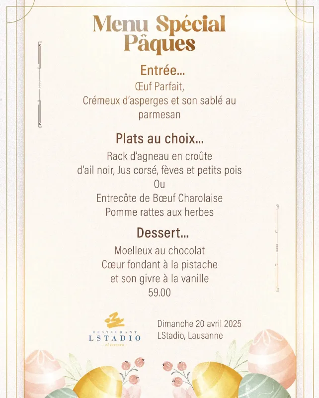 Menu Rack d’agneau en croûte d’ail noir, jus corsé, fèves et petits pois : Lstadio