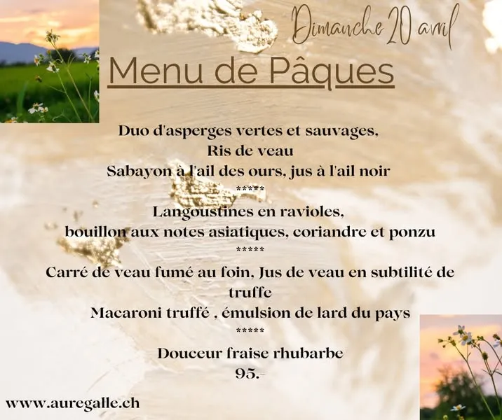 Menu Carré de veau fumé au foin, jus de veau en subtilité de truffe, macaroni truffé, émulsion de lard du pays : Au rég'Alle
