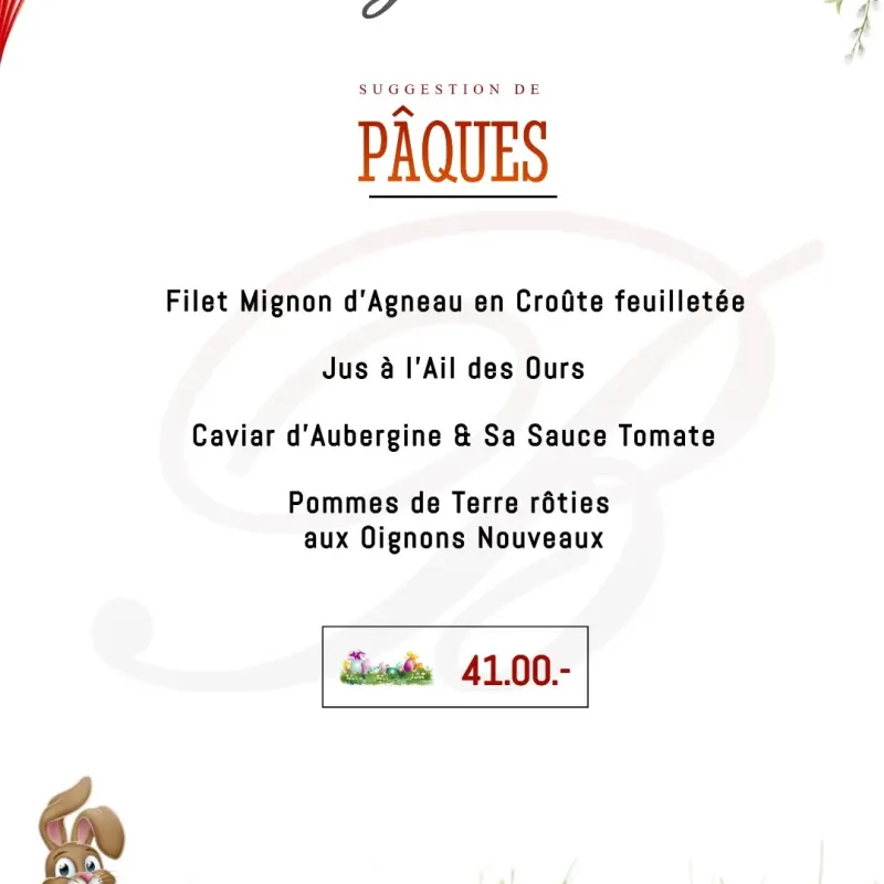 Menu Filet mignon d’agneau en croûte feuilletée, jus à l’ail des ours, caviar d’aubergine et sa sauce tomate, pommes de terre rôties aux oignons nouveaux : Brasserie Bagatelle