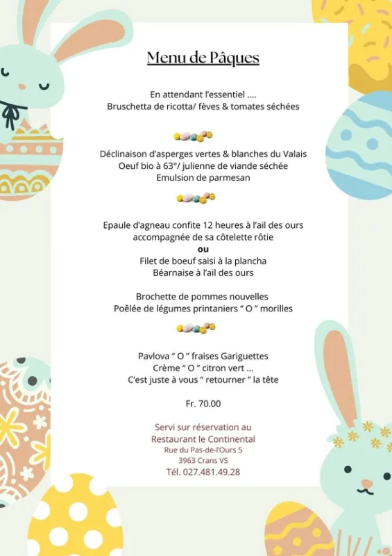 Menu Épaule d’agneau confite 12 heures à l’ail des ours, côtelette rôtie, brochette de pommes nouvelles, poêlée de légumes printaniers aux morilles : Le Continental
