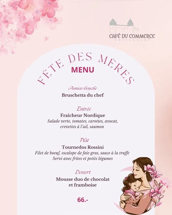 Menu Tournedos rossini, filet de bœuf, escalope de foie gras, sauce à la truffe, servi avec frites et petits légumes : Café du Commerce
