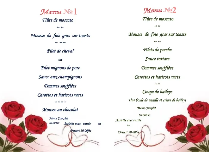 Menu Filet de cheval, sauce aux champignons, pommes soufflées, carottes et haricots verts : Café restaurant du Marché
