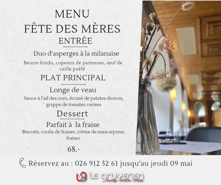 Menu Longe de veau, sauce à l’ail des ours, écrasé de patates douces, grappe de tomates cerises : Le Gruyérien