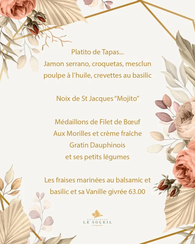 Menu Médaillons de filet de bœuf aux morilles et crème fraîche, gratin dauphinois et ses petits légumes : Le Soleil El Segundo