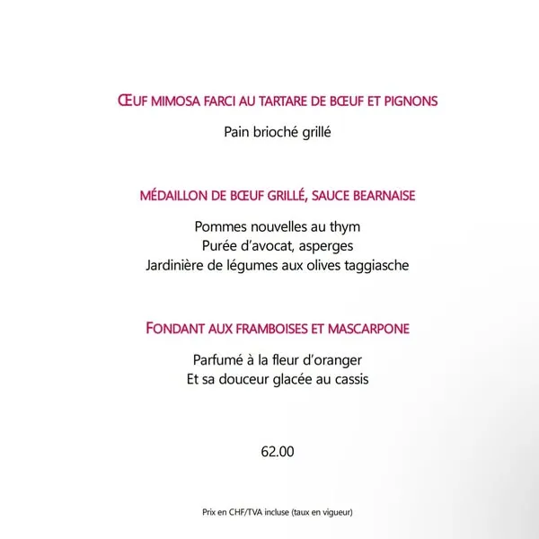 Menu Médaillon de bœuf grillé, sauce béarnaise, pommes nouvelles au thym, purée d’avocat, asperges, jardinière de légumes aux olives taggiasche : La Barca
