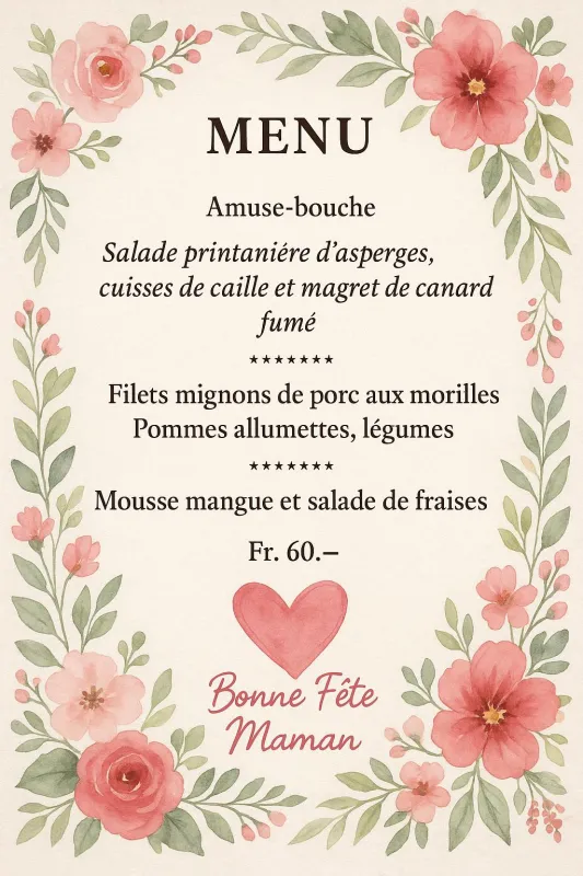 Menu Filets mignons de porc aux morilles, pommes allumettes, légumes : Auberge Semsales
