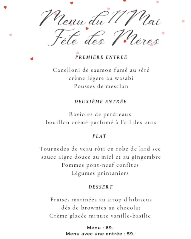 Menu Tournedos de veau rôti en robe de lard sec, sauce aigre douce au miel et au gingembre, pommes pont-neuf confites, légumes printaniers : La Table du Glacier