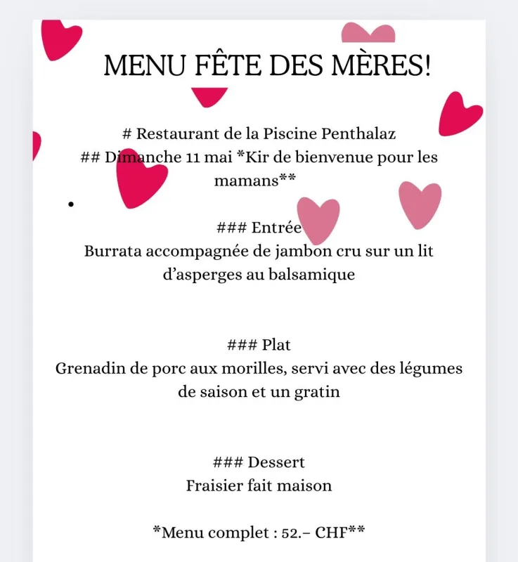 Menu Grenadin de porc aux morilles, servi avec des légumes de saison et un gratin : Piscine de Penthalaz