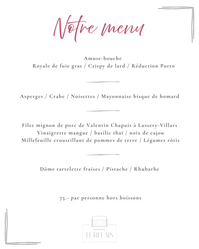 Menu Filet mignon de porc de Valentin Chapuis à Lussery-Villars, vinaigrette mangue, basilic thaï, noix de cajou, millefeuille croustillant de pommes de terre, légumes rôtis : Le Relais